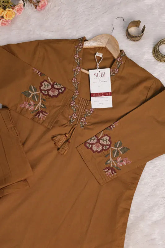 Caramel Brown Embroidered 3-Piece kurta set