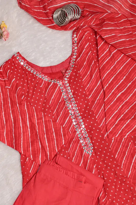 Red Leheriya Printed Anarkali Kurta Set