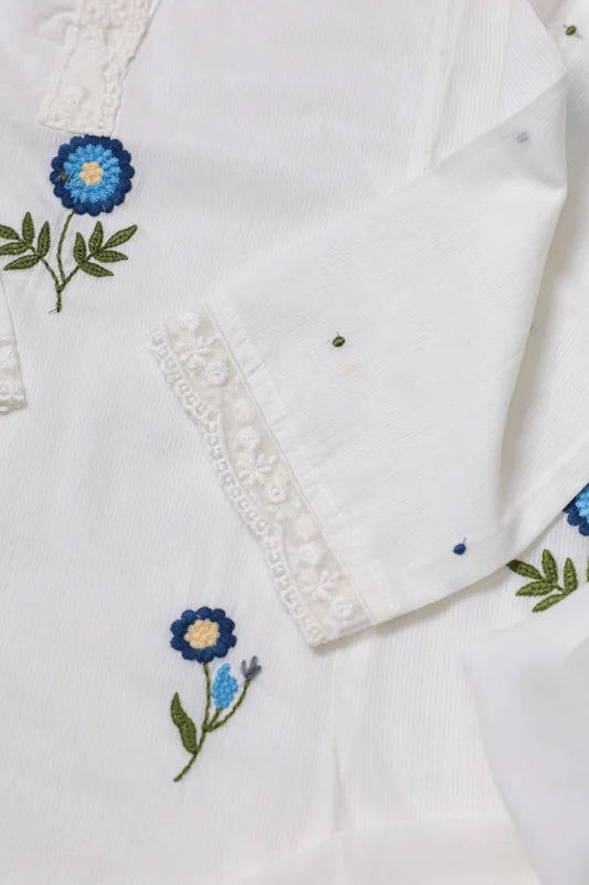 White Cotton Kurta Set With Blue Floral Embroidered