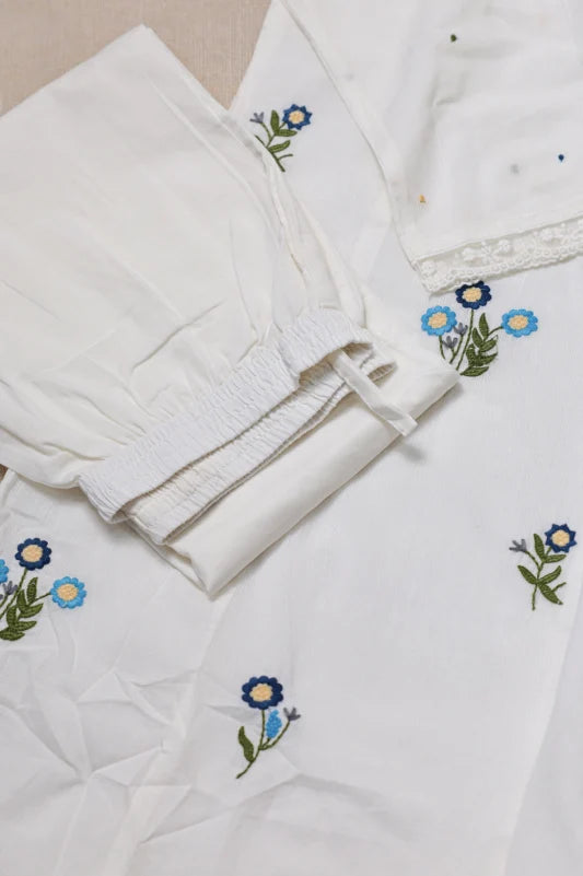 White Cotton Kurta Set With Blue Floral Embroidered