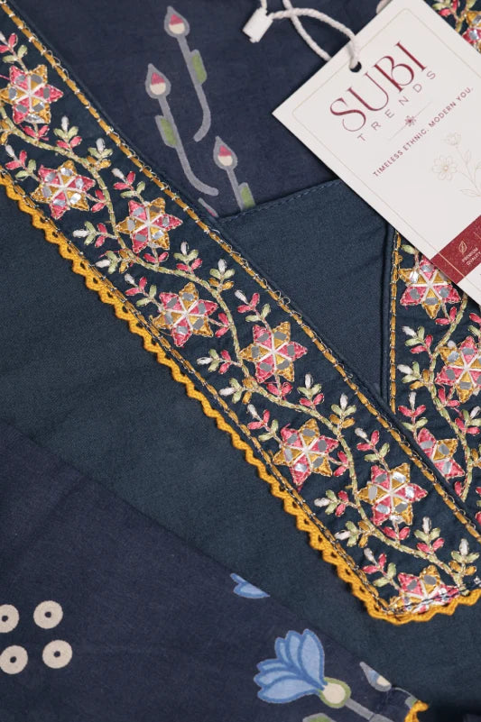 Navy Blue Printed 3-Piece Ethnic Kurta Set