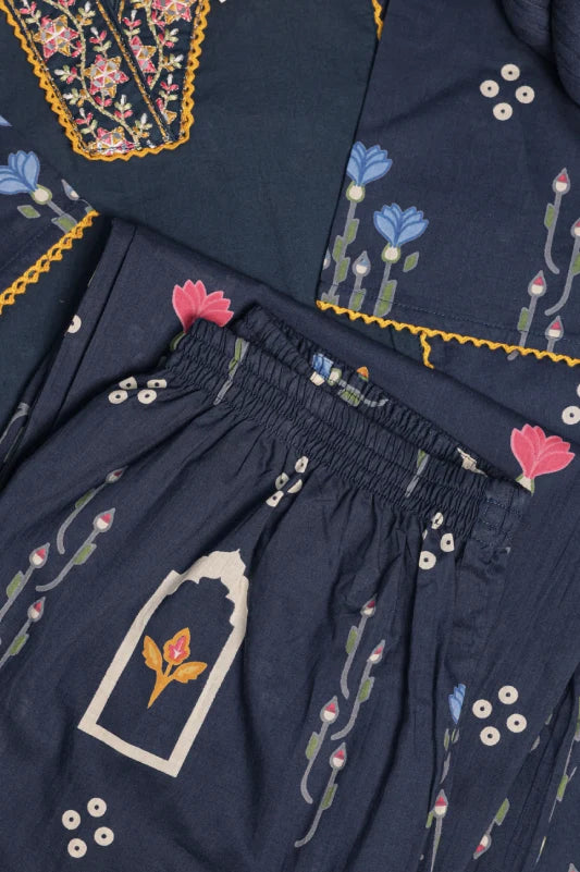Navy Blue Printed 3-Piece Ethnic Kurta Set
