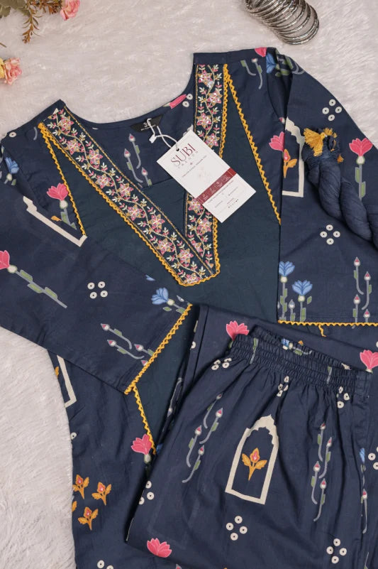 Navy Blue Printed 3-Piece Ethnic Kurta Set
