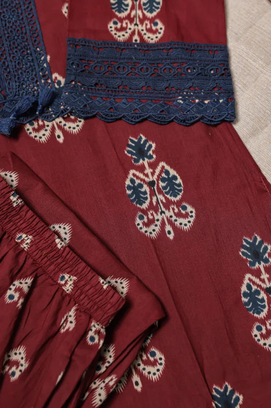 Maroon Floral Block-Print Cotton Kurta Set