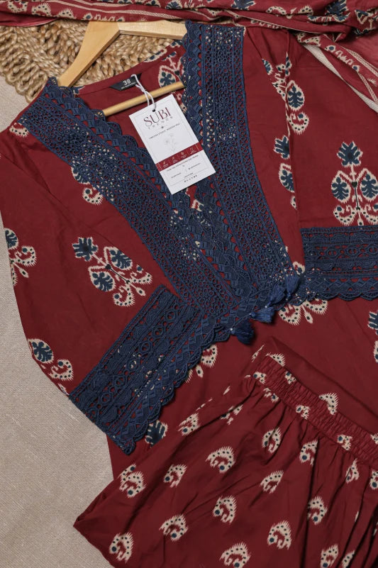 Maroon Floral Block-Print Cotton Kurta Set
