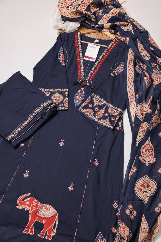 Navy Blue Cotton Kurta Pant Set with Printed Dupatta