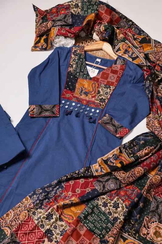 Navy Blue Printed Suit Set with Statement Dupatta