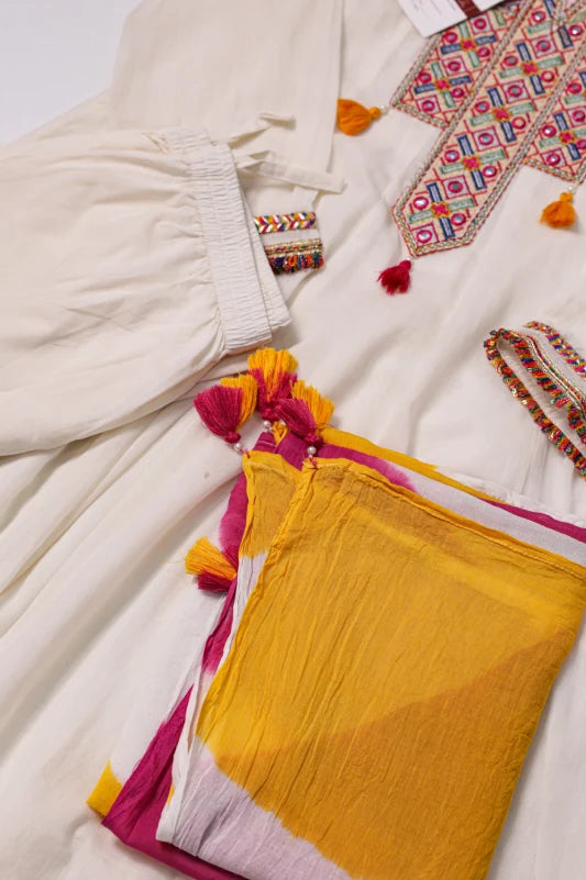 Off-White Mul-Cotton Anarkali Set with Dupatta