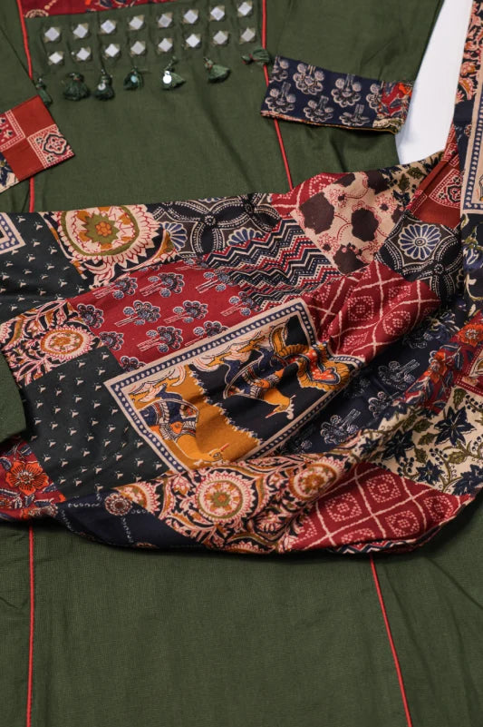 Olive Green Printed Kurta Set with Statement Dupatta