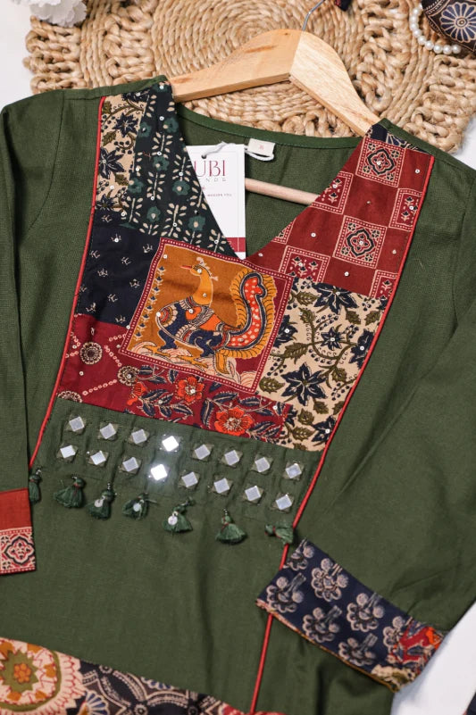 Olive Green Printed Kurta Set with Statement Dupatta