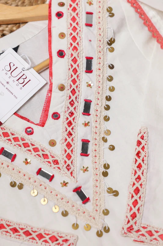 White & Coral Red Embroidered Kurta Palazzo Set