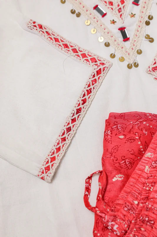 White & Coral Red Embroidered Kurta Palazzo Set