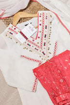 White & Coral Red Embroidered Kurta Palazzo Set