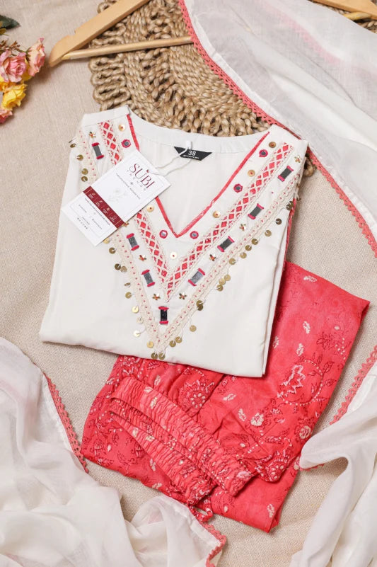 White & Coral Red Embroidered Kurta Palazzo Set