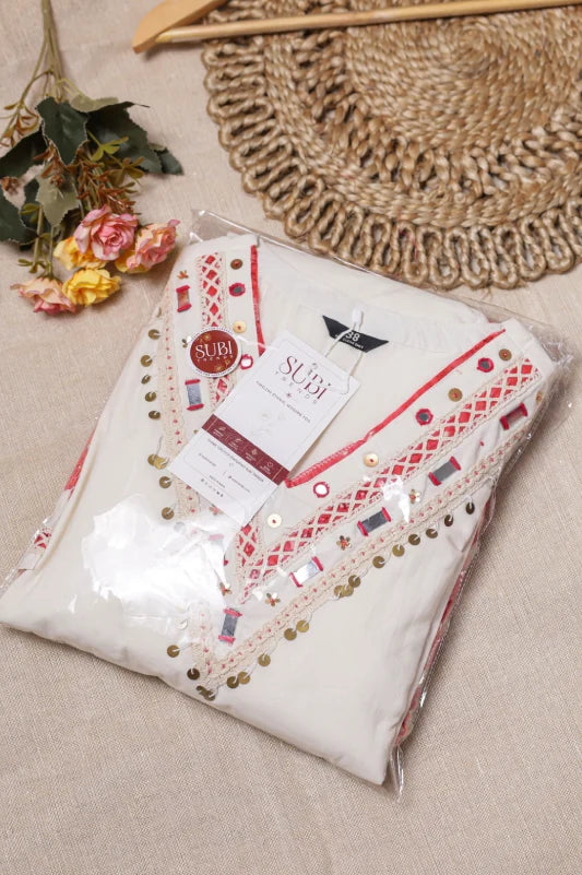 White & Coral Red Embroidered Kurta Palazzo Set