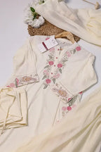 Off-White Floral Embroidered 3-Piece Kurta Pant Set