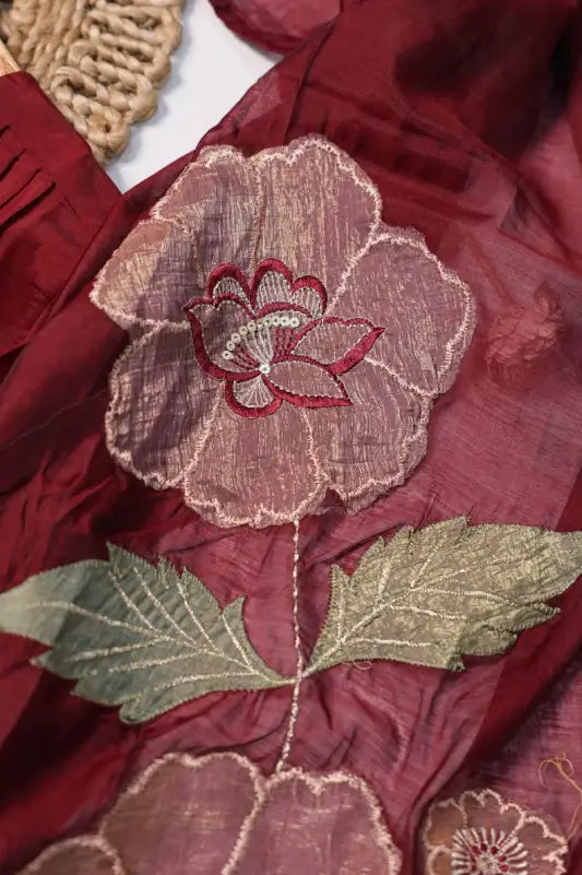 Dark Maroon Mul Chanderi Anarkali 3-Piece Suit Set