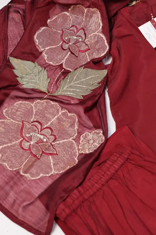 Dark Maroon Mul Chanderi Anarkali 3-Piece Suit Set