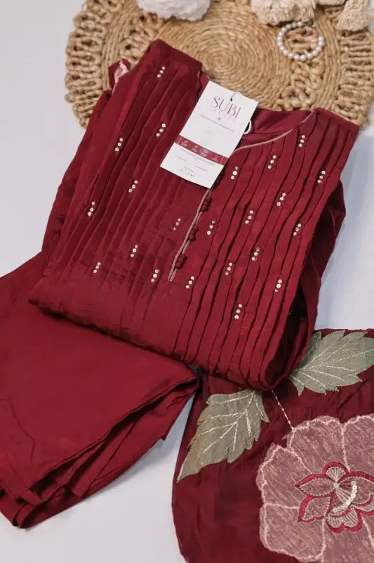 Dark Maroon Mul Chanderi Anarkali 3-Piece Suit Set