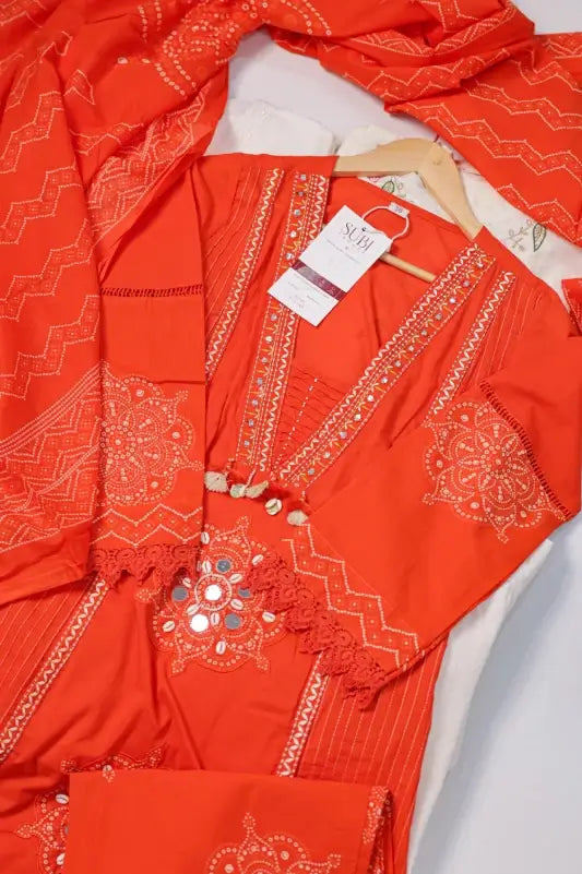 Bright Orange Embroidered Suit Set for Women