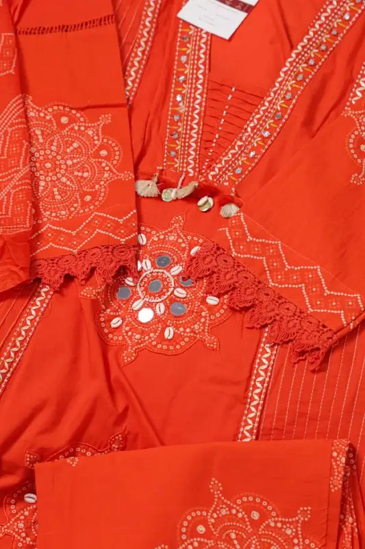 Bright Orange Embroidered Suit Set for Women