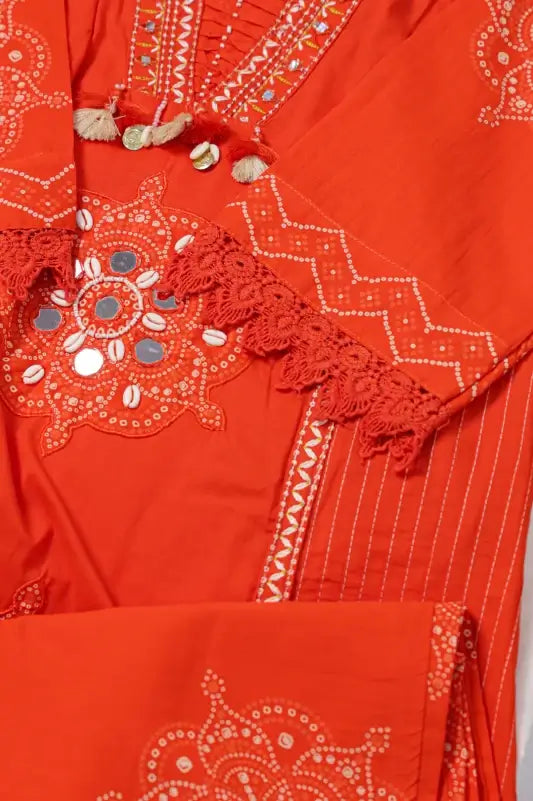 Bright Orange Embroidered Suit Set for Women