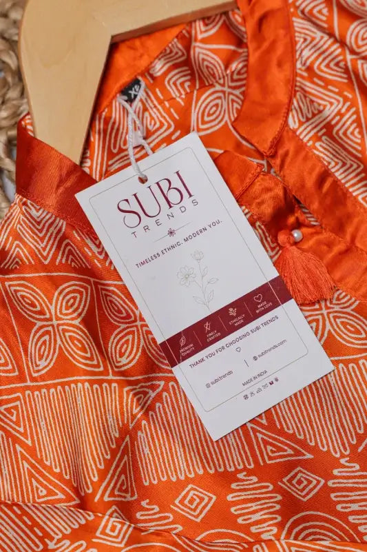 Bright Orange Geometric Printed Kurta and Pant Set