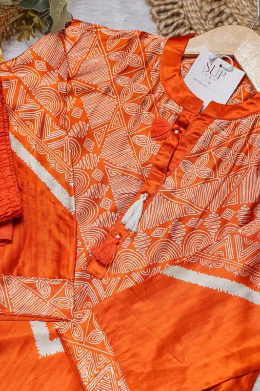 Bright Orange Geometric Printed Kurta and Pant Set