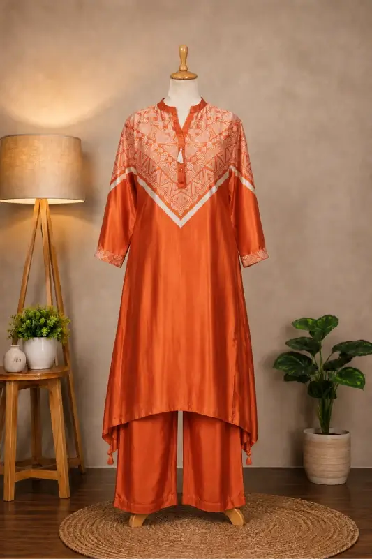 Bright Orange Geometric Printed Kurta and Pant Set