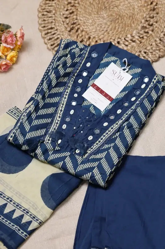 Neelambara Pure Cotton Printed Navy Blue 3-Piece Set