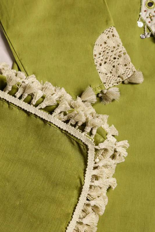 Olive Green Suit With White Embroidered Panel