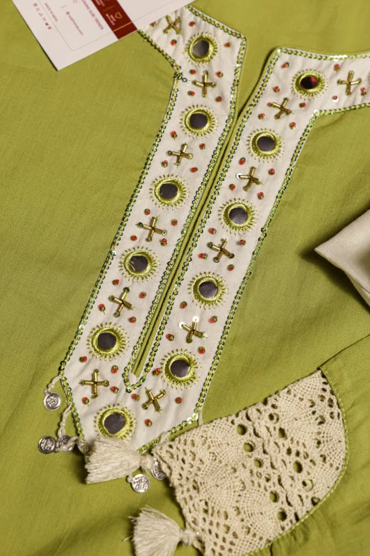 Olive Green Suit With White Embroidered Panel