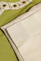 Olive Green Suit With White Embroidered Panel