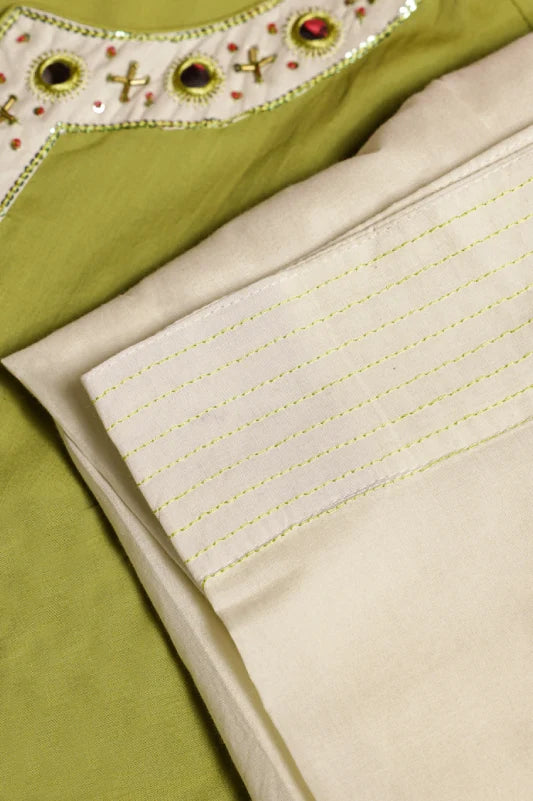 Olive Green Suit With White Embroidered Panel