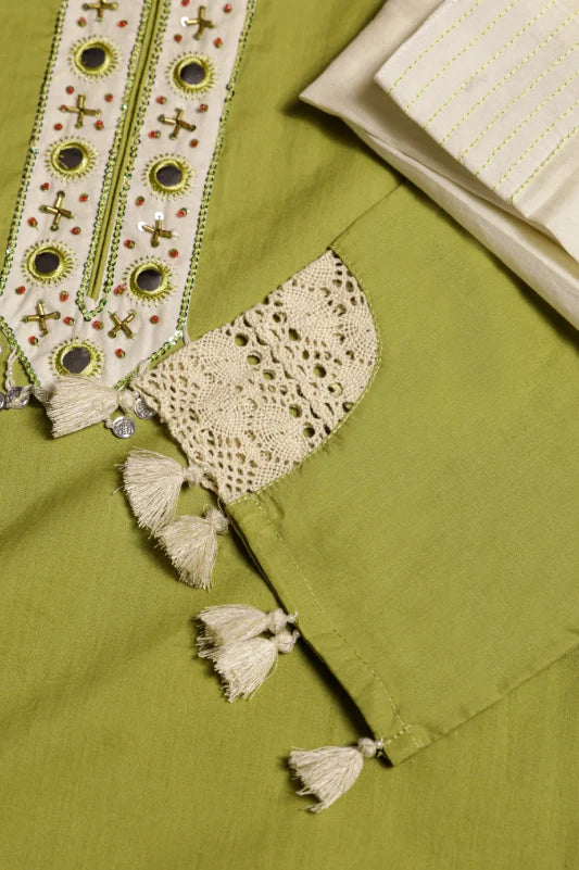 Olive Green Suit With White Embroidered Panel