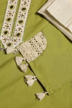 Olive Green Suit With White Embroidered Panel