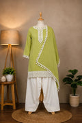 Olive Green Suit With White Embroidered Panel