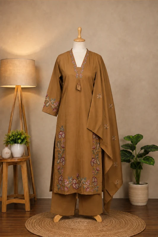 Caramel Brown Embroidered 3-Piece kurta set