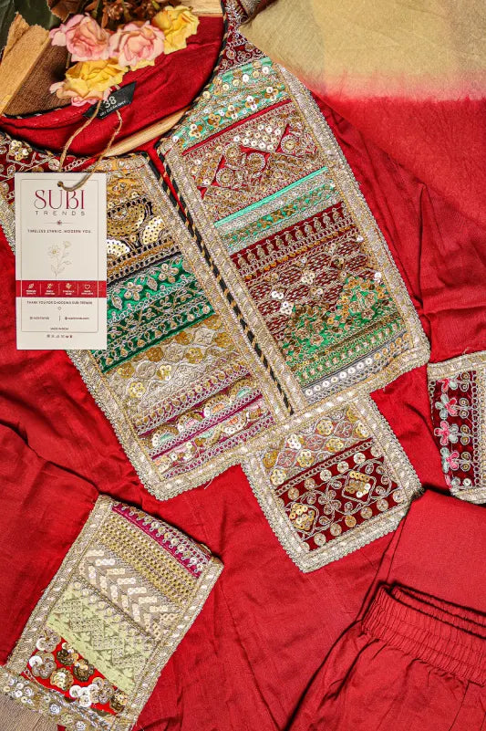 Anarkali Red Kurta Set with Leheriya Printed Dupatta