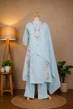 Shop a light blue floral embroidered 3-piece kurta set for women from Subi Trends. Pure cotton 3-piece kurta set with matching pants and dupatta for festive and ethnic occasions.