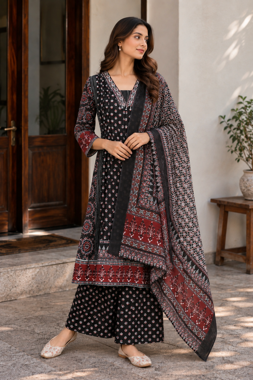 Ajrakh Printed Cotton Anarkali Kurta Set for Women